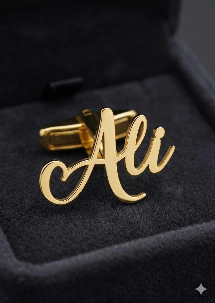 Custom Ali Name Cufflinks - Premium Gold Polish Personalized Heart Script Design