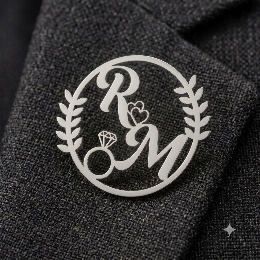 Silver 'R&M' Groom Wedding Brooch Pin