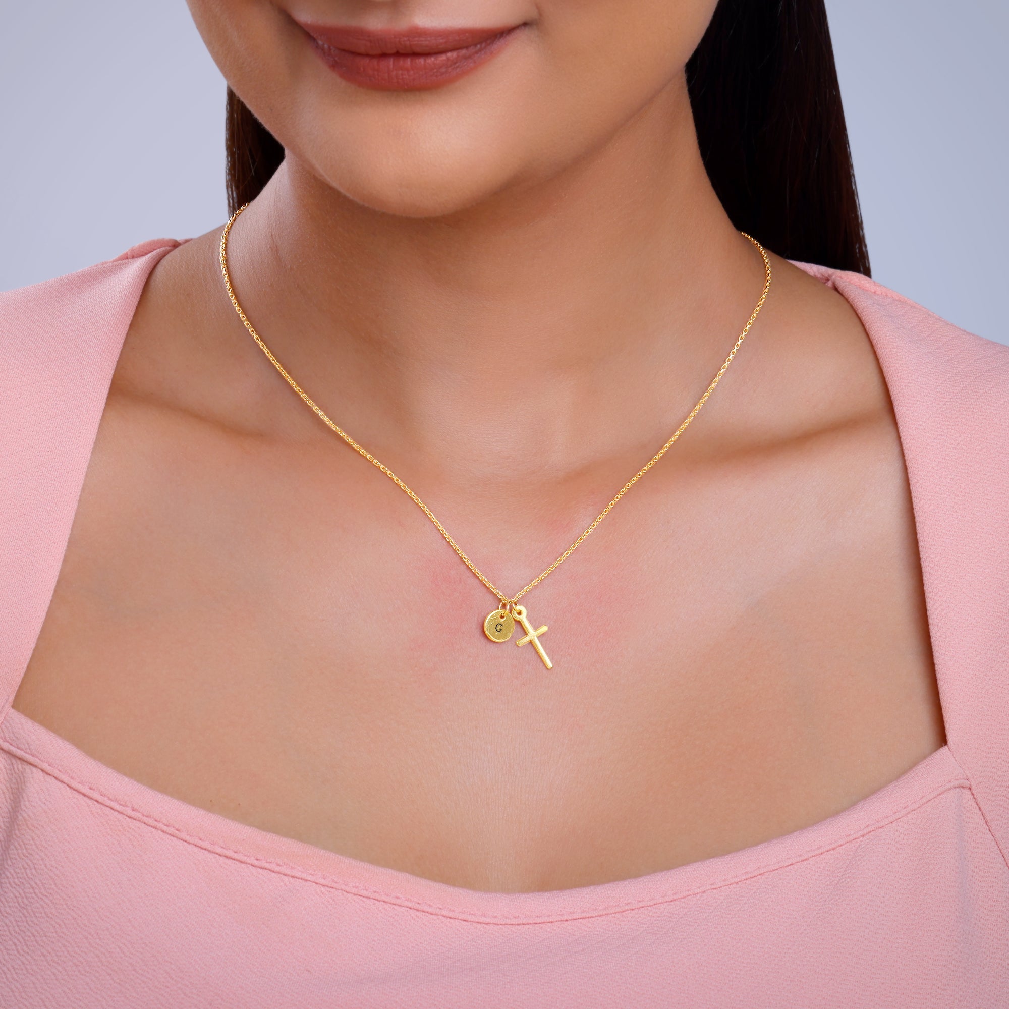 Golden Personalised Halo Cross Pendant With Link Chain