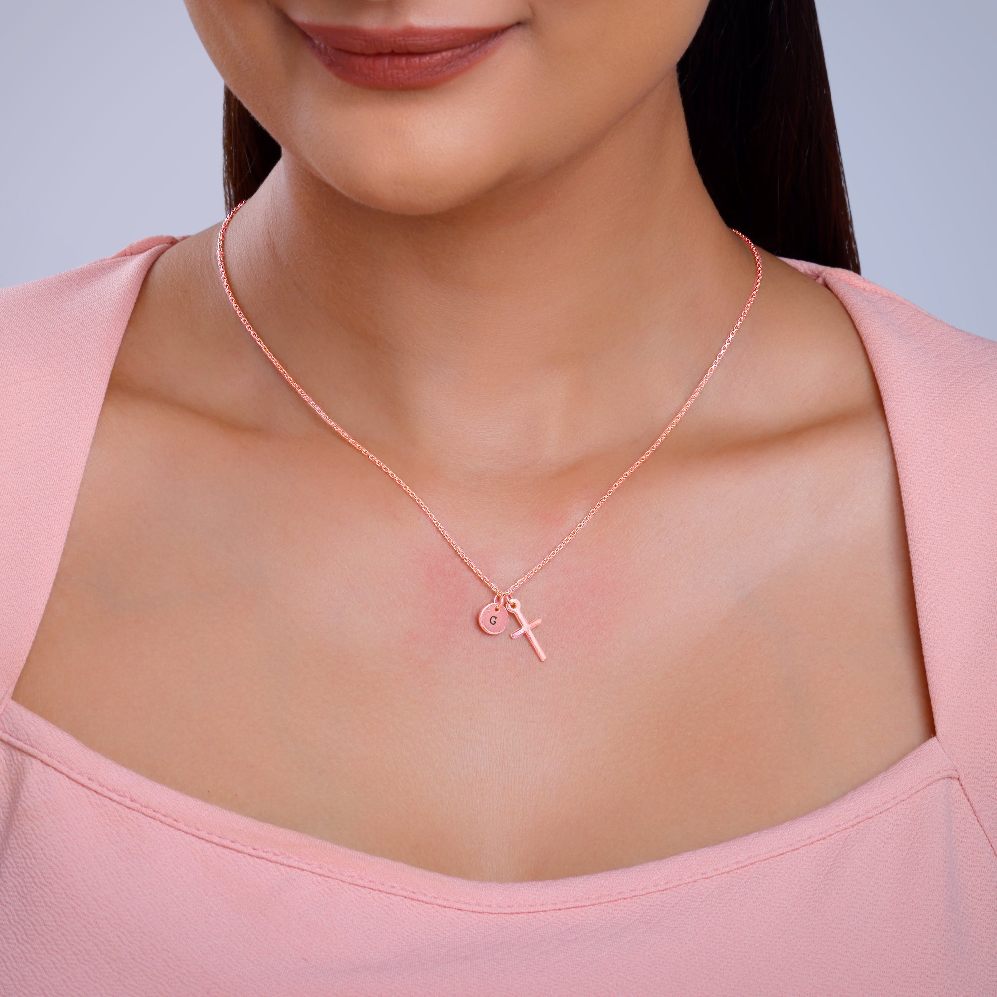 Rose Gold Personalised Halo Cross Pendant With Link Chain