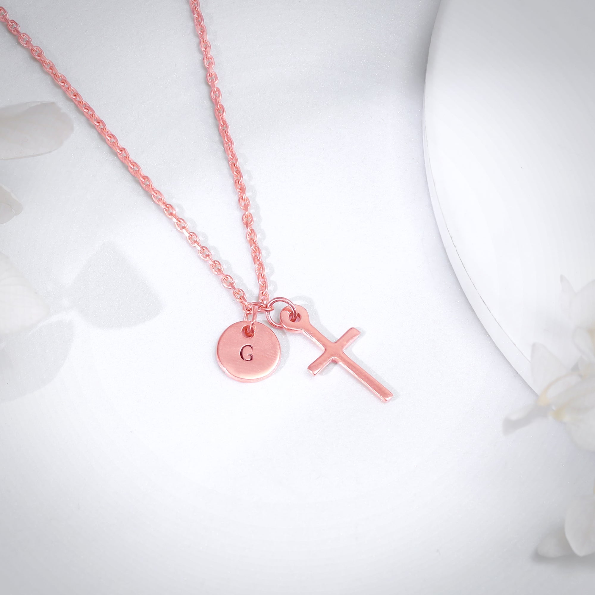 Rose Gold Personalised Halo Cross Pendant With Link Chain