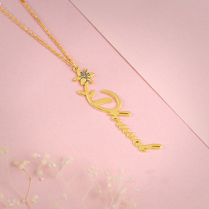 Golden Personalised Flower Name Pendant with Link Chain