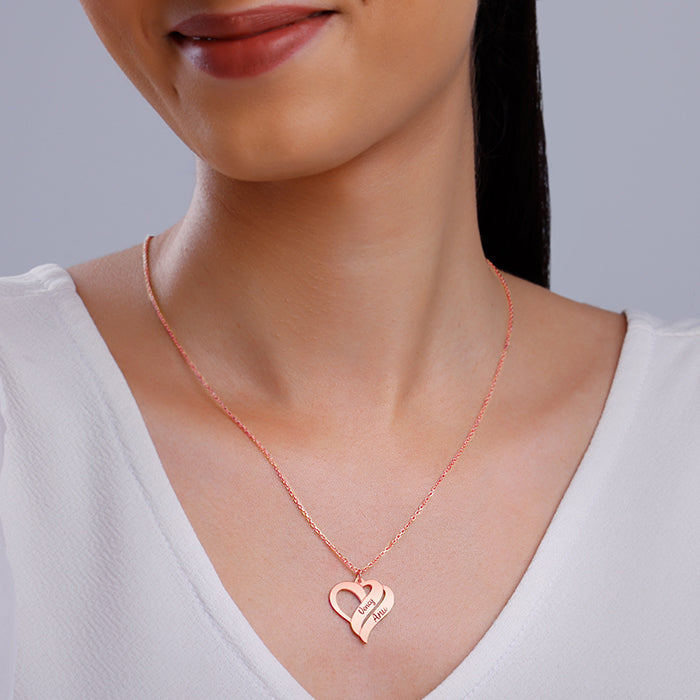 Rose Gold Personalised Name Heart Duo Pendant With Link Chain