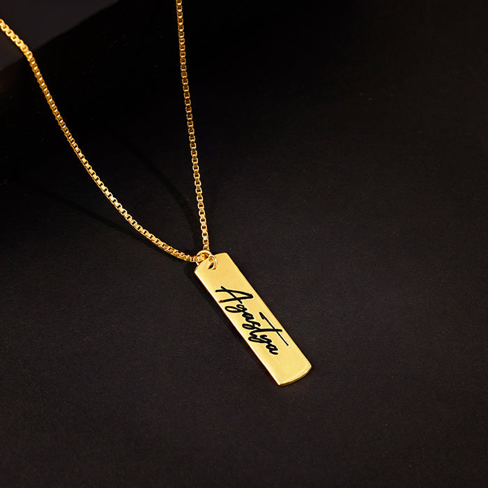 Golden Personalised Vertical Bar Name Pendant with Box Chain For Him