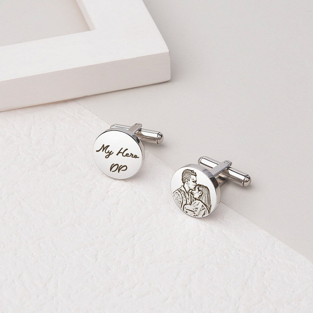 Custom Photo Engraved Cufflinks – Personalized Couple Portrait & Message Cufflinks for Men