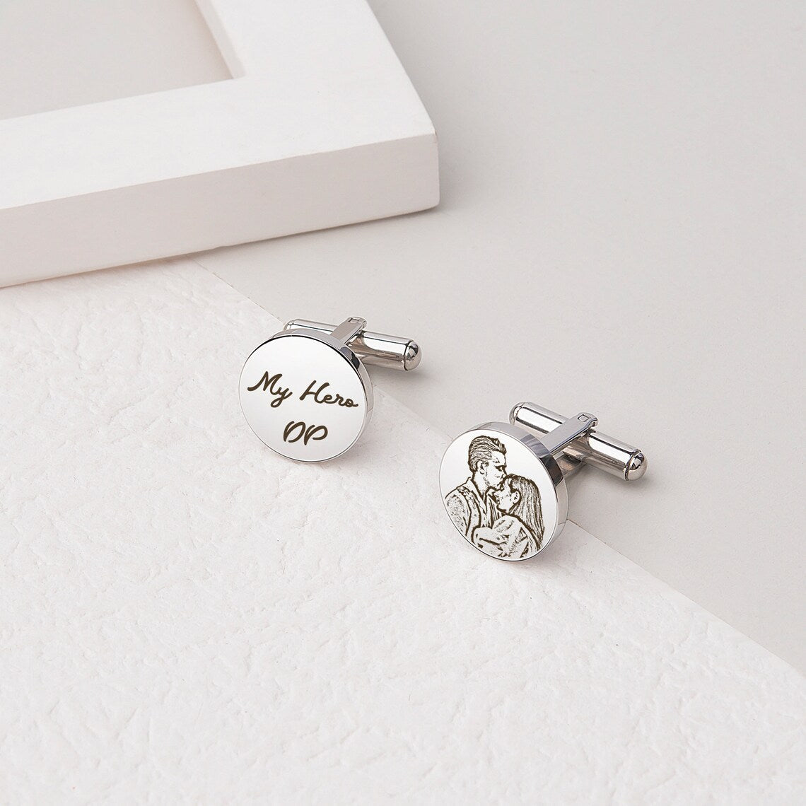Custom Photo Engraved Cufflinks – Personalized Couple Portrait & Message Cufflinks for Men