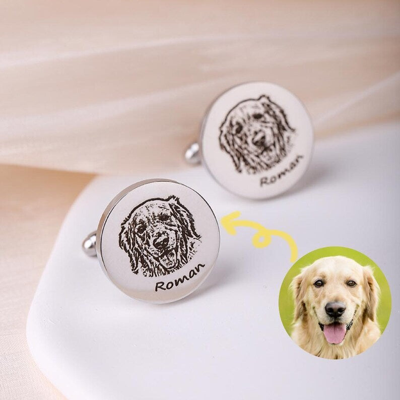 Personalized Pet Photo & Name Cufflinks for Men – Custom Engraved Picture Design