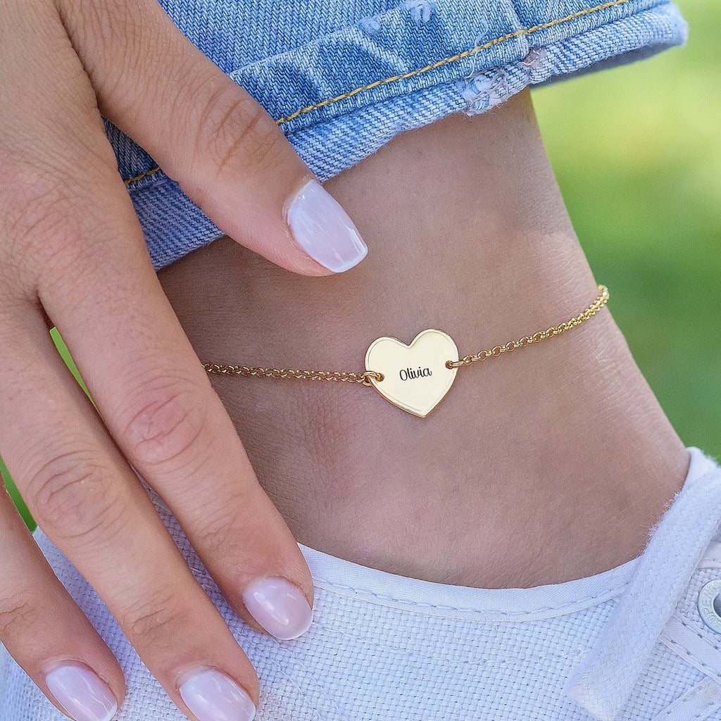 Personalized Gold Plated Engraved Heart Charm Name Anklet
