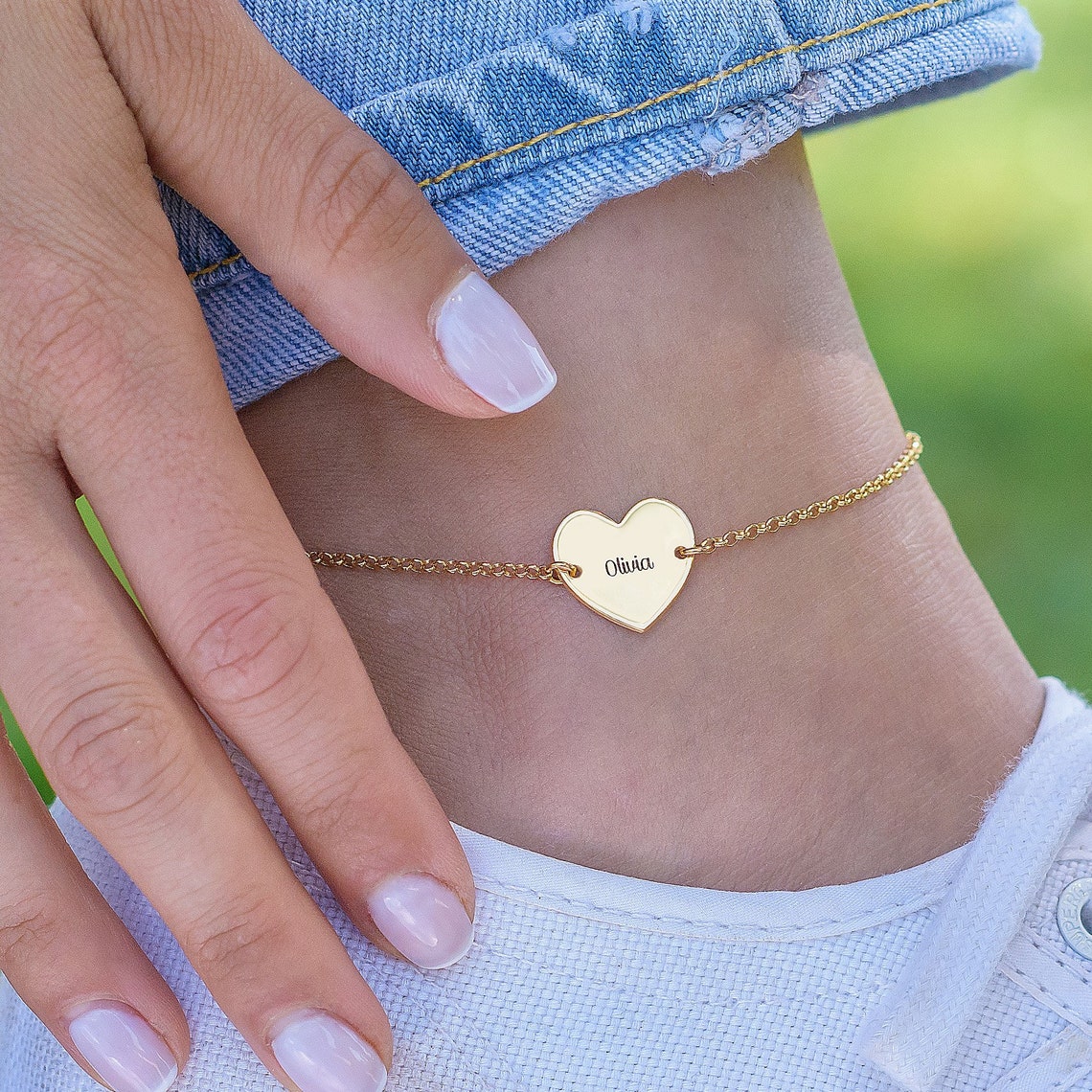 Personalized Gold Plated Engraved Heart Charm Name Anklet