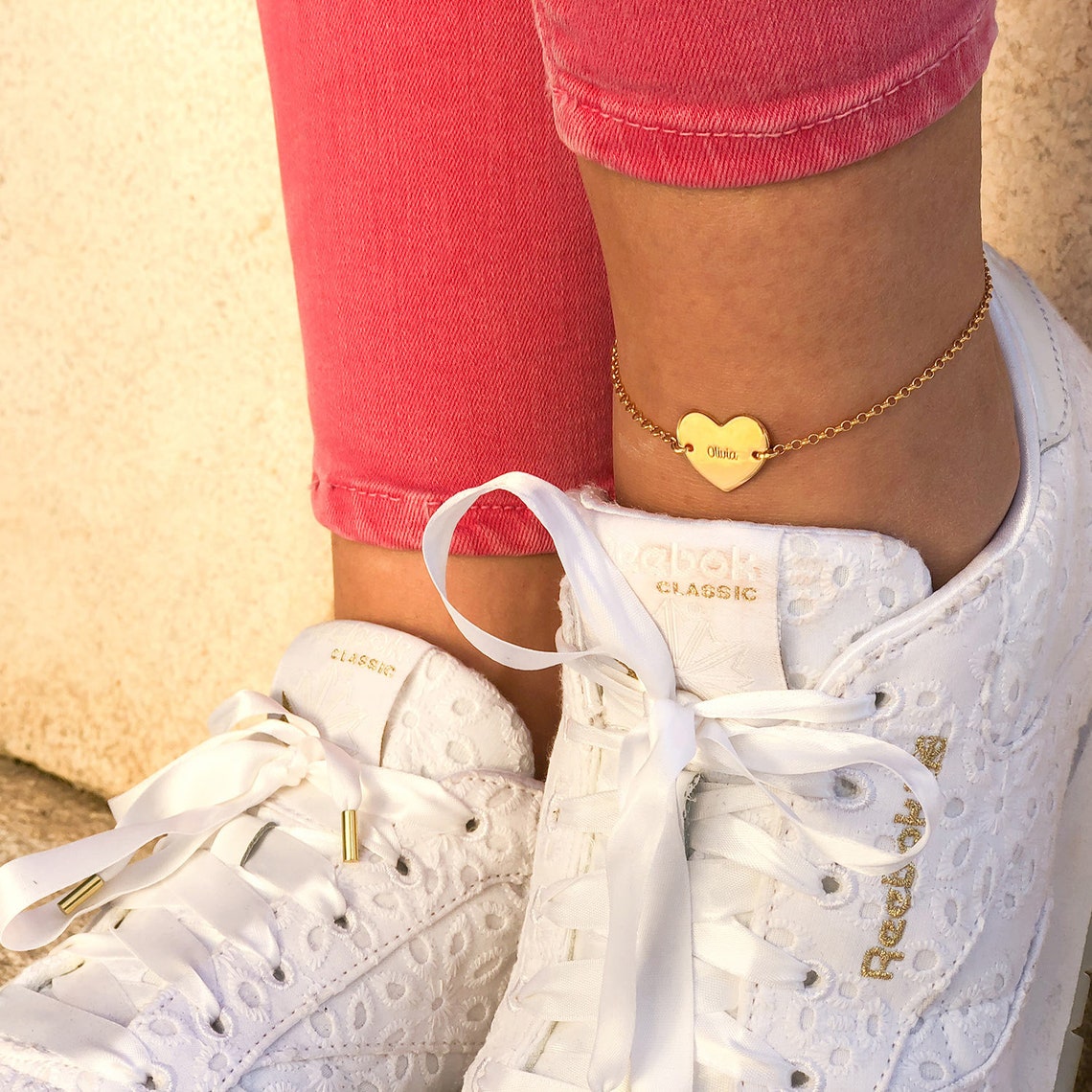 Personalized Gold Plated Engraved Heart Charm Name Anklet