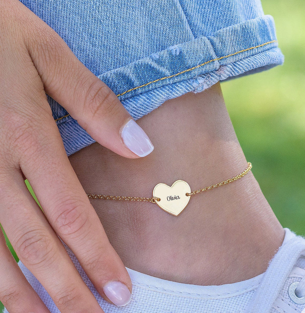 Personalized Gold Plated Engraved Heart Charm Name Anklet