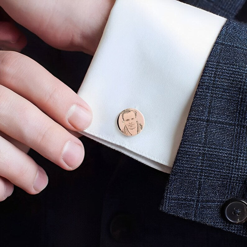 Custom Photo Engraved Cufflinks – Personalized Couple Portrait & Message Cufflinks for Men