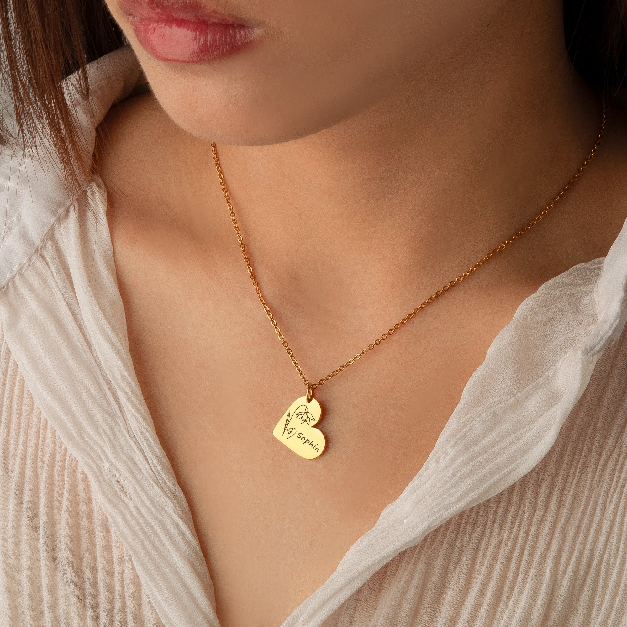 Personalized Mini Heart Text and Birth Flower Necklace