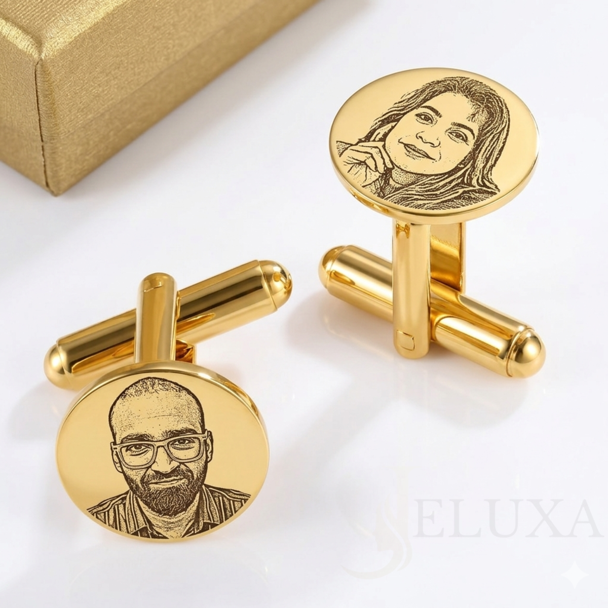 Custom Photo Engraved Cufflinks – Personalized Couple Portrait & Message Cufflinks for Men