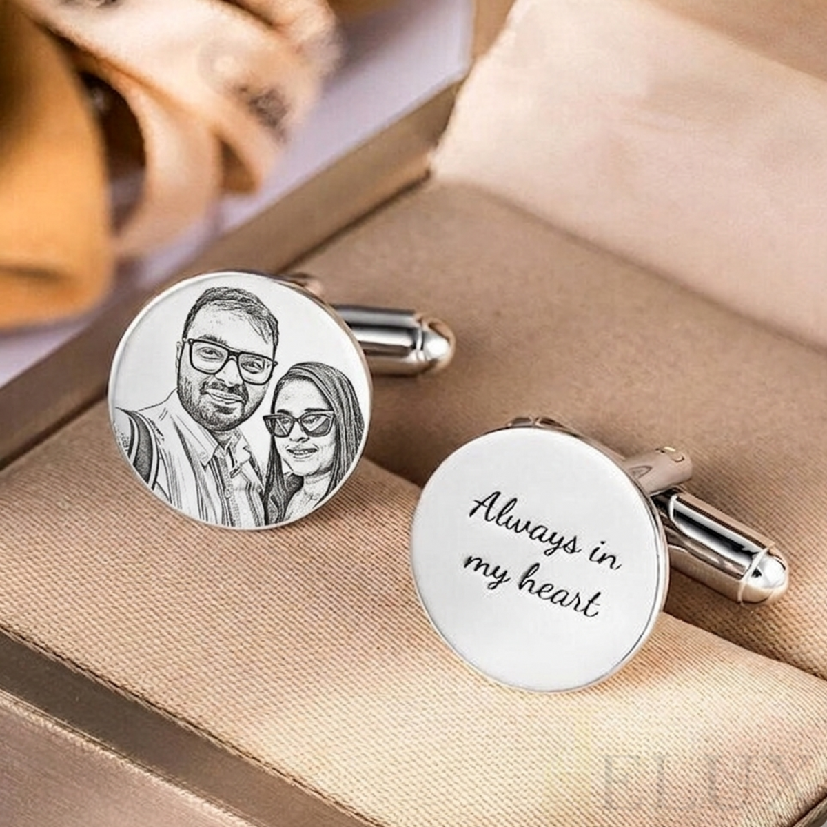 Custom Photo Engraved Cufflinks – Personalized Couple Portrait & Message Cufflinks for Men
