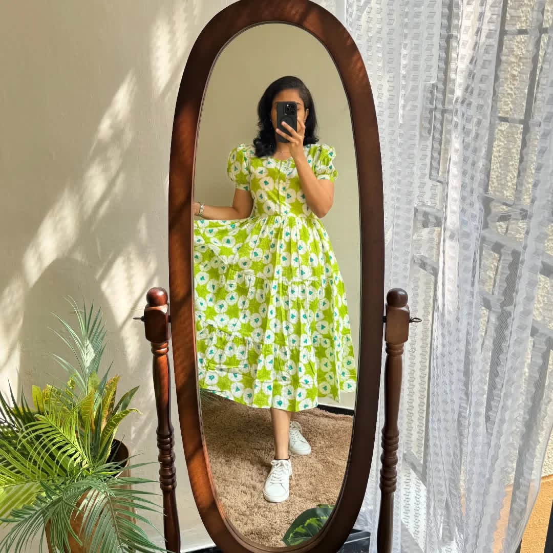 Fresh Lime Green Floral Puff-Sleeve Midi Dress