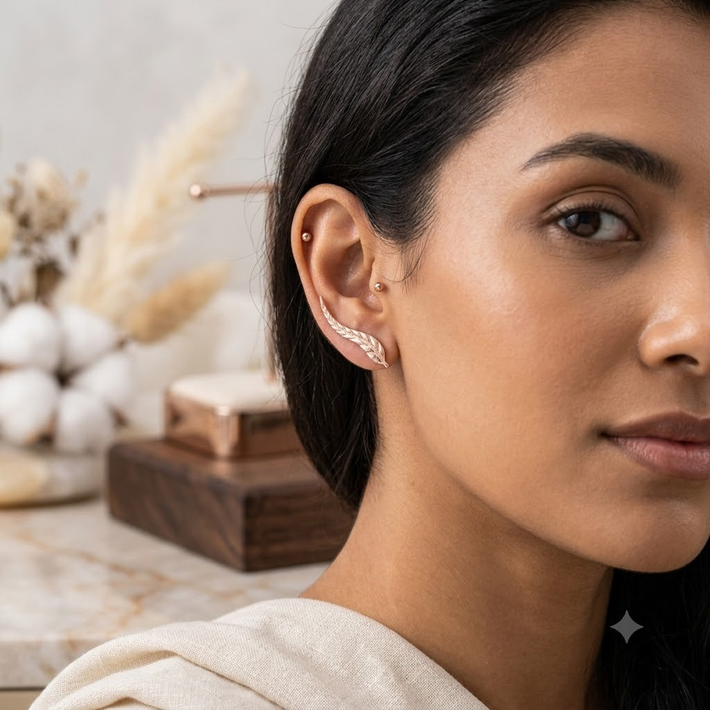 Feather Ear Climber with Detailed Filigree Work